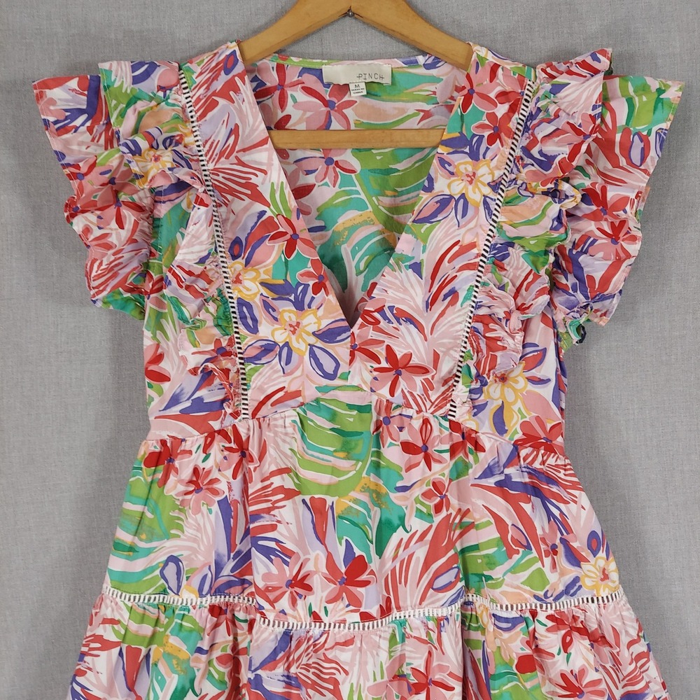 PINCH Floral Tropical Mini Dress Women M Ruffle Tiered Cottagecore Resort Cotton - Picture 2 of 7